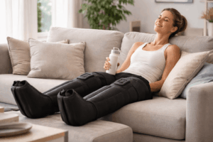 Mujer relajándose en un sofá mientras utiliza botas de presoterapia