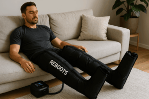 un hombre utilizando botas de presoterapia reboots go lite